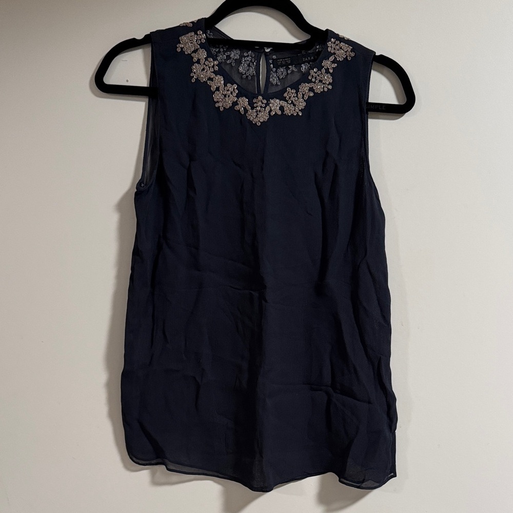 Zara Black Sleeveless Embellished Neck Blouse